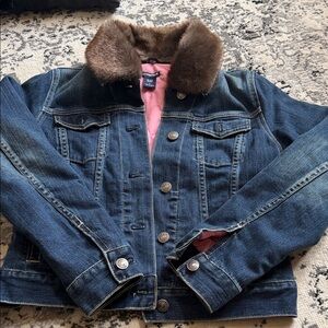 GAP Blue Denim Jacket with Brown Faux Fur Collar